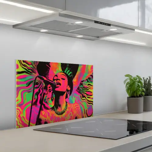 Neon - Vrouw - Microfoon keuken achterwand spatscherm klein -3d_schuin