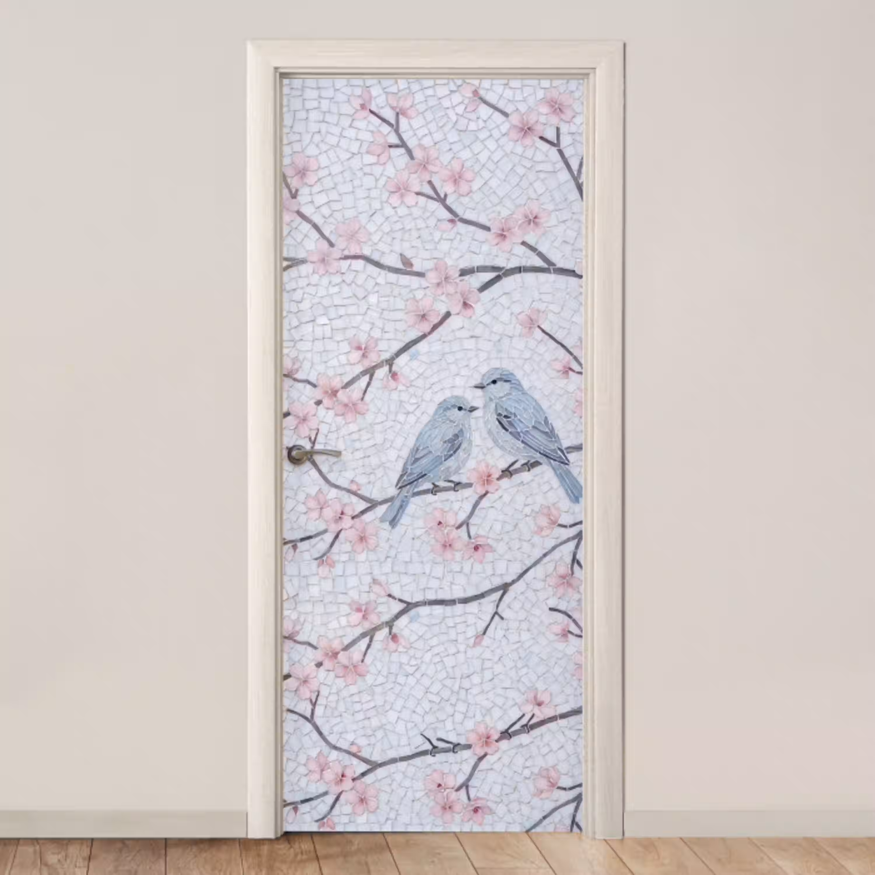 Vogel - Bloemen - Natuur - Mozaïek - Roze deurposter klein -3d_beige
