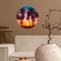 Palmboom - Zonsondergang - Horizon - Strand - Oranje - Roze Wandcirkel behangsticker klein -sfeer1
