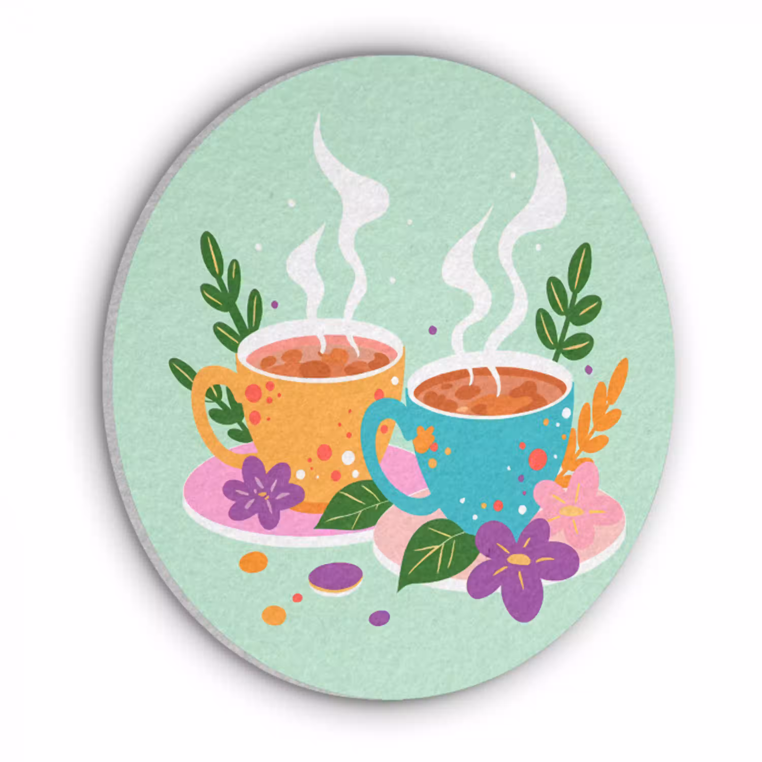 Thee - Illustratie - Kopjes - Bloemen Akoestische PET Vilt - Rond klein -3d