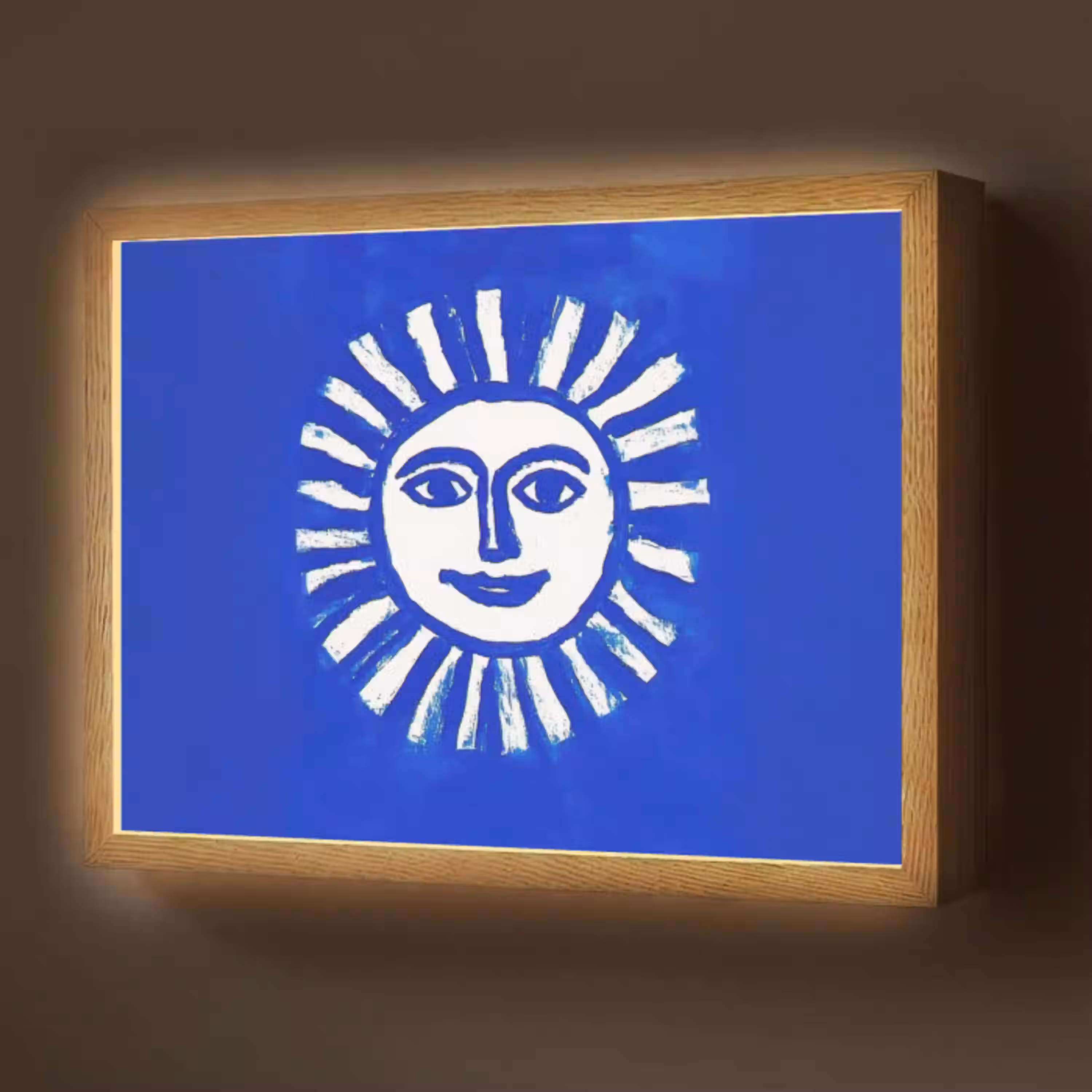 Zon - Gezicht - Penseelstructuur - Blauw Light Box met batterij (Wandlamp) middel -z3d_website