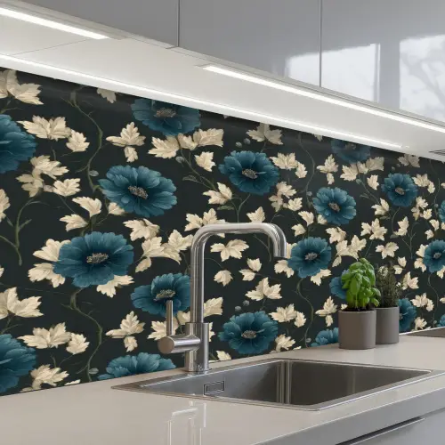 Botanisch - Bloemen - Blauw keuken achterwand 2 middel 871 -3d_schuin