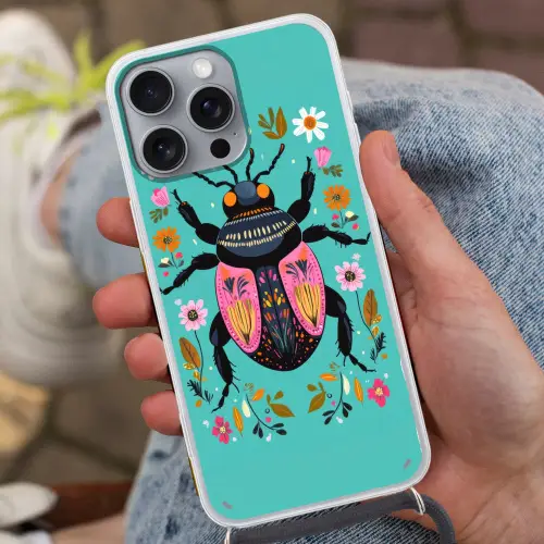 Kever - Bloemmotieven - Turquoise - Bladeren Hoesje iPhone 16 Pro Max met koord klein -sfeer3