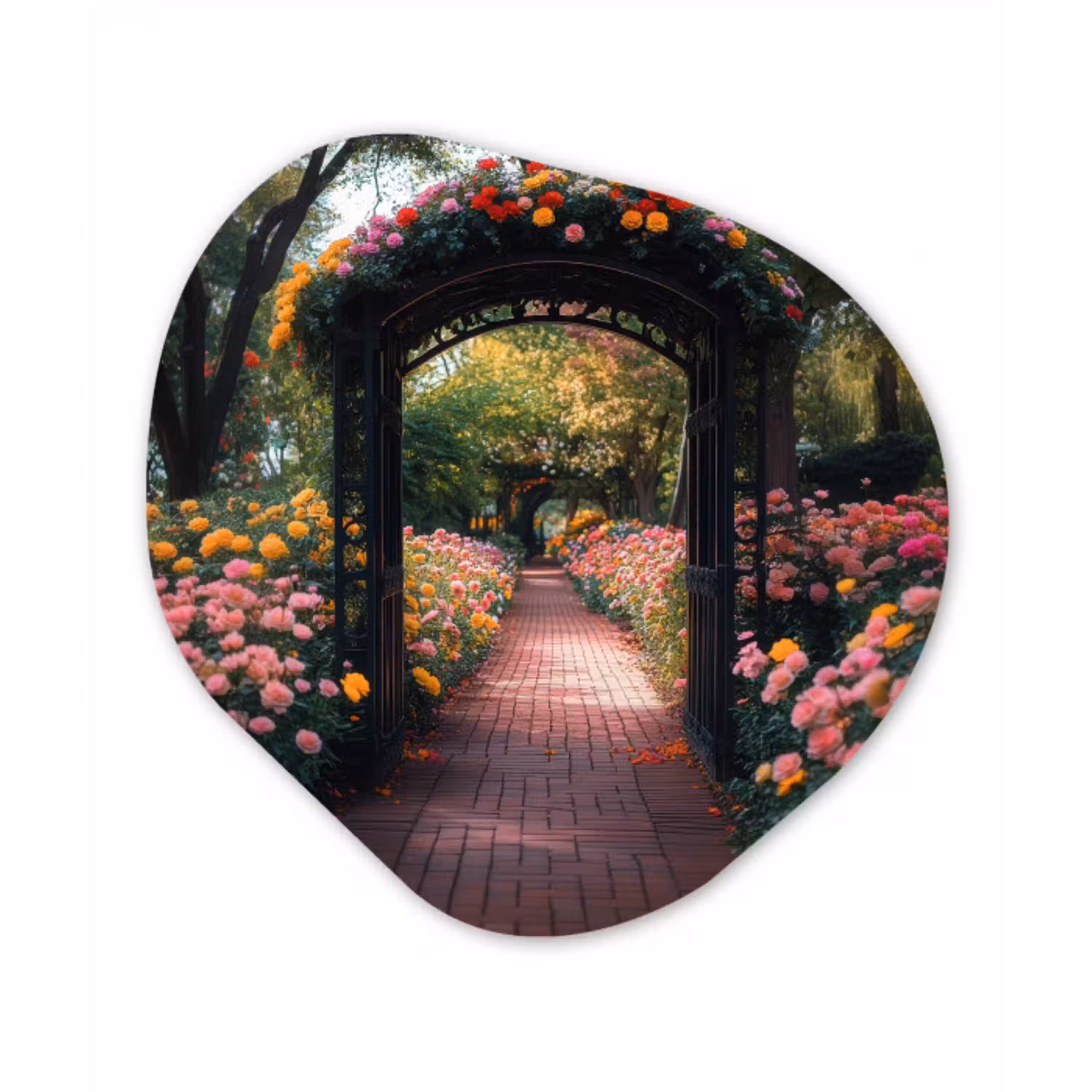 Doorkijk - Bloemen - Pad - Natuur - Kleurrijk Wandcirkel Organisch Aluminium middel -3d