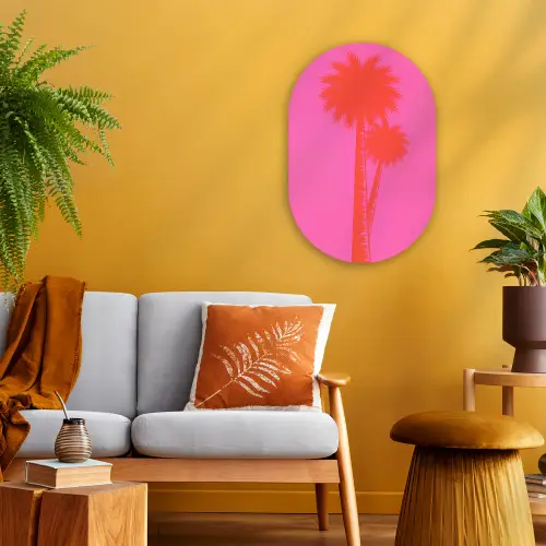 Palmbomen - Modern - Roze Wandcirkel Ovaal Forex klein -sfeer4