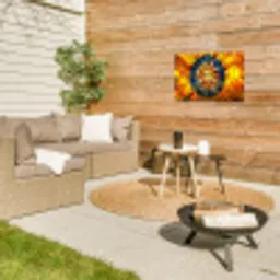Mozaïek - Zon - Geel - Cirkel Tuinposter op houten frame 2 cm dik klein -sfeer2