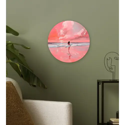 Roze - Surfen - Zee Wandcirkel plexiglas klein -sfeer3