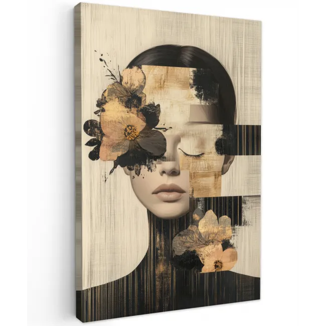 Gezicht - Bloemen - Zwart - Vrouw Tuinposter op houten frame 2 cm dik klein -3d