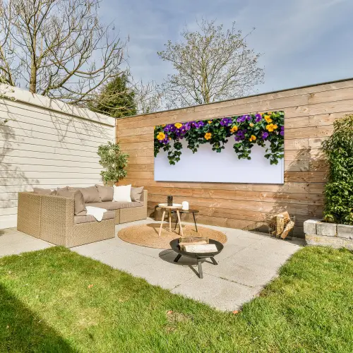 Bloemen - Muur - Geel - Paars Tuinposter op houten frame 2 cm dik xxl -sfeer2
