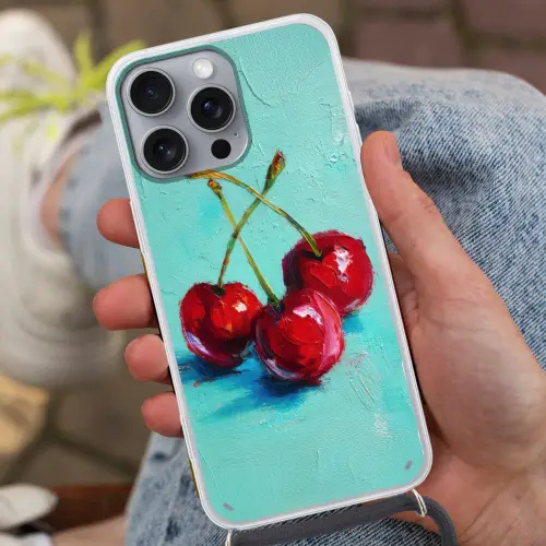 Kersen - Rood - Drie - Geverfd Hoesje iPhone 16 Pro Max met koord klein -sfeer3