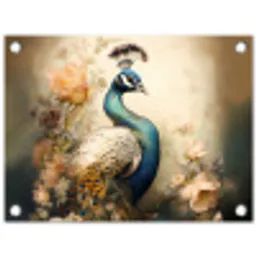Pauw - Pauwenveren - Bloemen - Vogels - Botanisch tuinposter los doek klein -3d