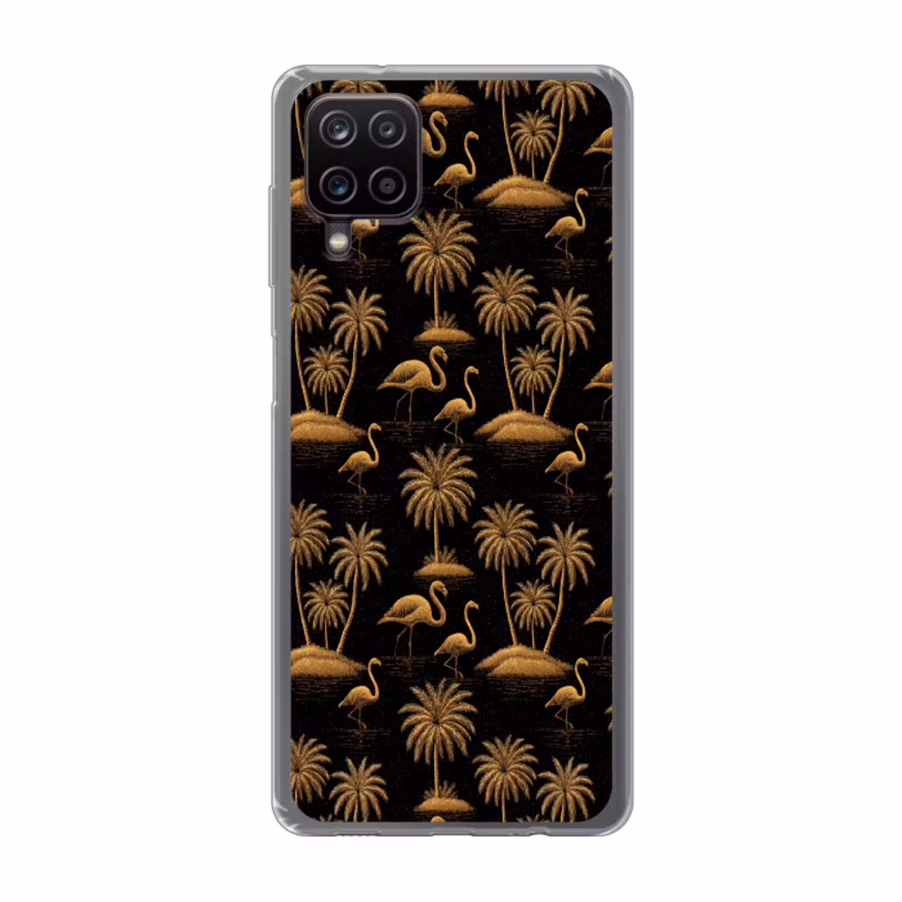 Flamingo - Palmbomen - Tropisch - Goud - Zwart Telefoonhoesje Samsung Galaxy A12 klein 372 -3d