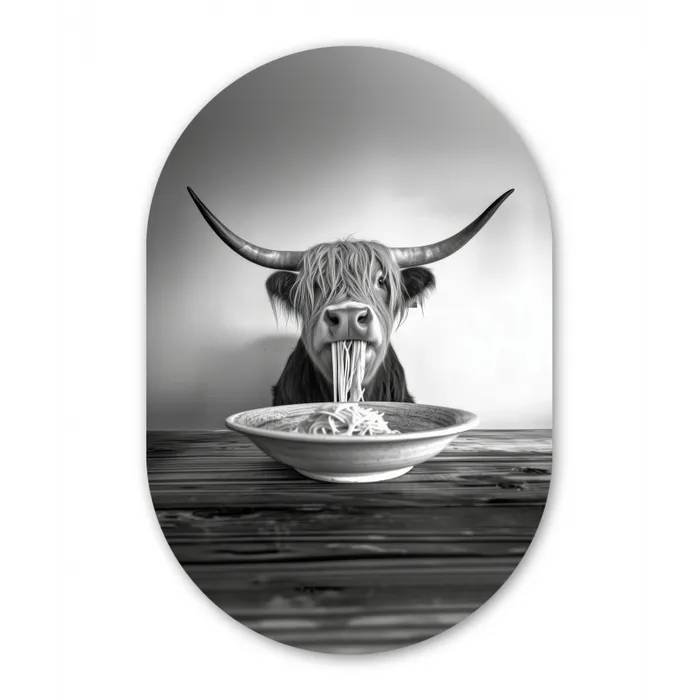 Schotse Hooglander - Spaghetti - Dieren - Zwart wit Wandcirkel Ovaal Glas middel -3d