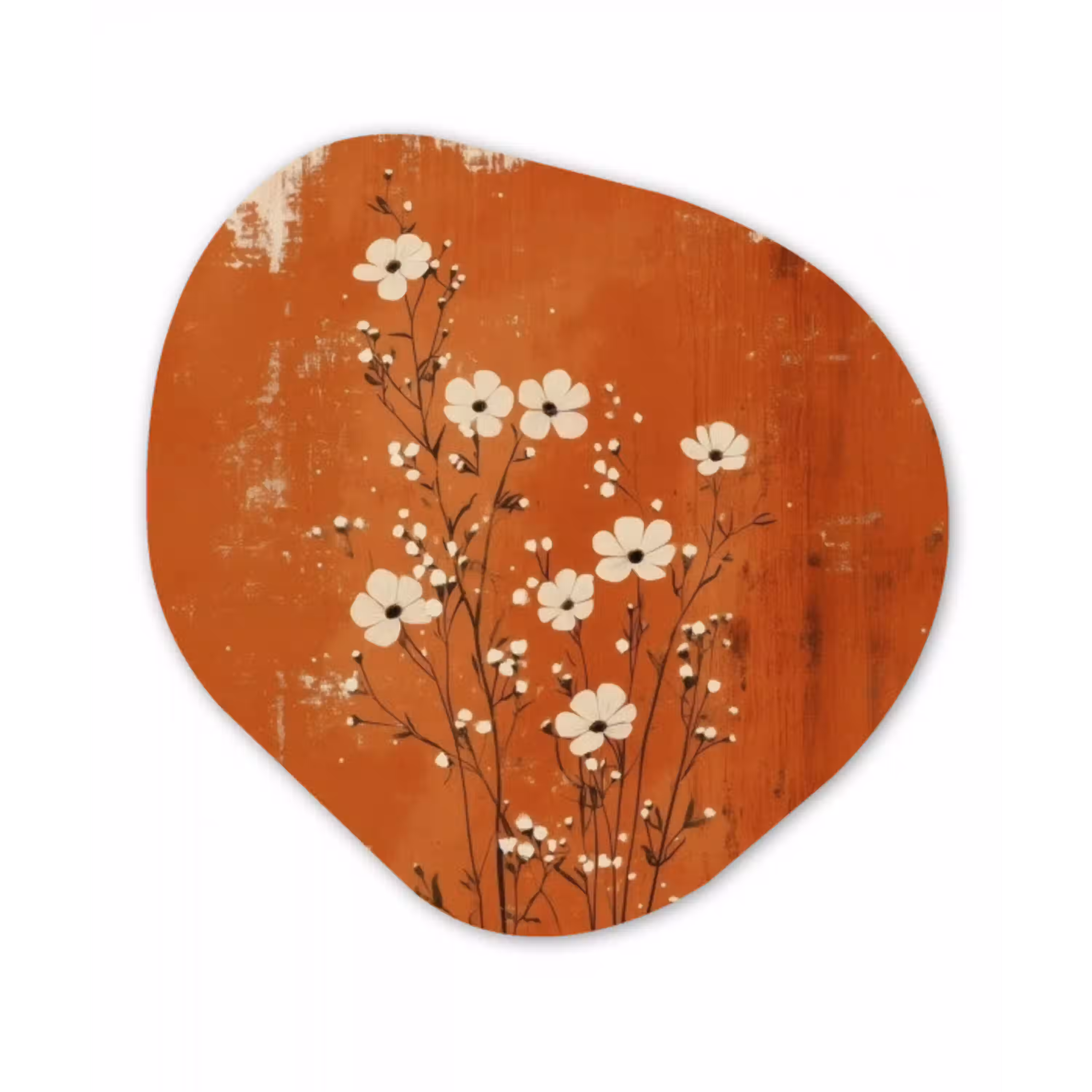Bloemen - Wit - Subtiel - Roestkleur Wandcirkel Organisch Aluminium middel -3d