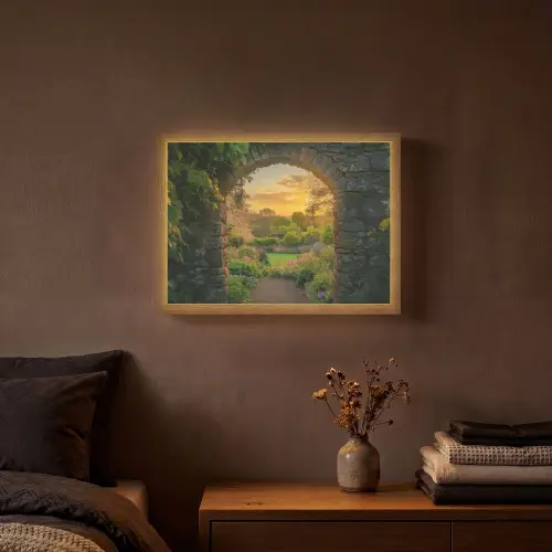 Poort - Planten - Zonsondergang Light Box met batterij (Wandlamp) middel -sfeer4