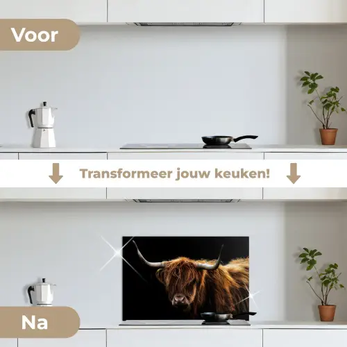 Schotse Hooglander - Horens - Zwart - Dieren - Natuur - Wild - Koe keuken achterwand spatscherm klein -voor_na_NL