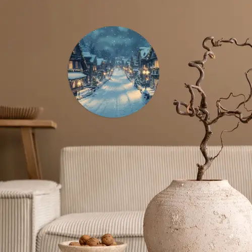Kerstdorp - Kerst - Sneeuw - Winter Wandcirkel behangsticker klein -sfeer1
