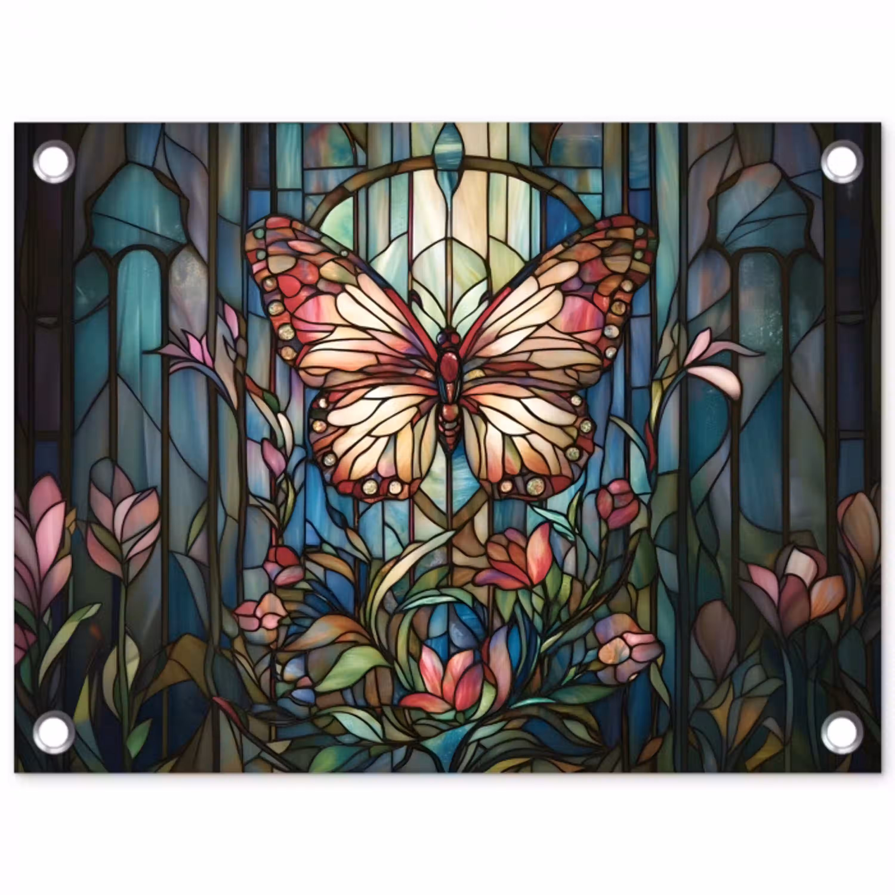 Vlinder - Roze - Bloemen - Bladeren tuinposter los doek klein -3d