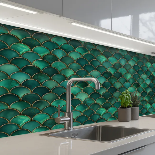 Schubben - Structuur - Diepgroene - Goud keuken achterwand 2 middel 871 -3d_schuin