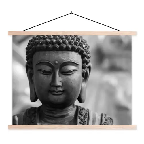 Boeddha - Grijs - Spiritualiteit - Buddha beeld - Religie textielposter latten blank klein -3d