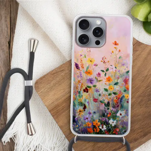 Schilderij - Bloemen - Abstract - Kleurrijk Hoesje iPhone 16 Pro Max met koord klein -sfeer4