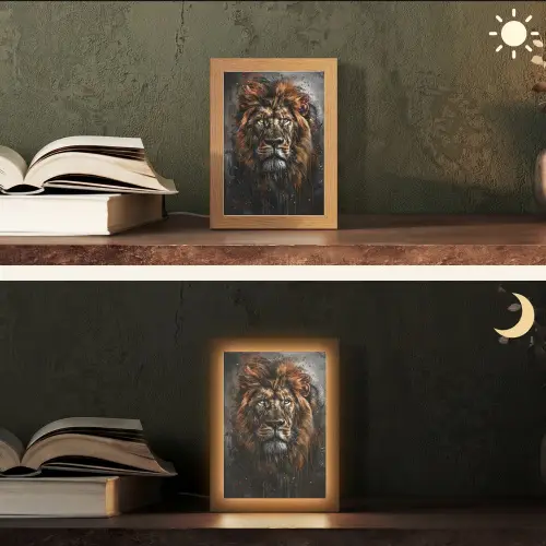 Leeuw - Dieren - Portret - Zwart - Luxe Light Box met kabel (Tafellamp) klein -sfeer3