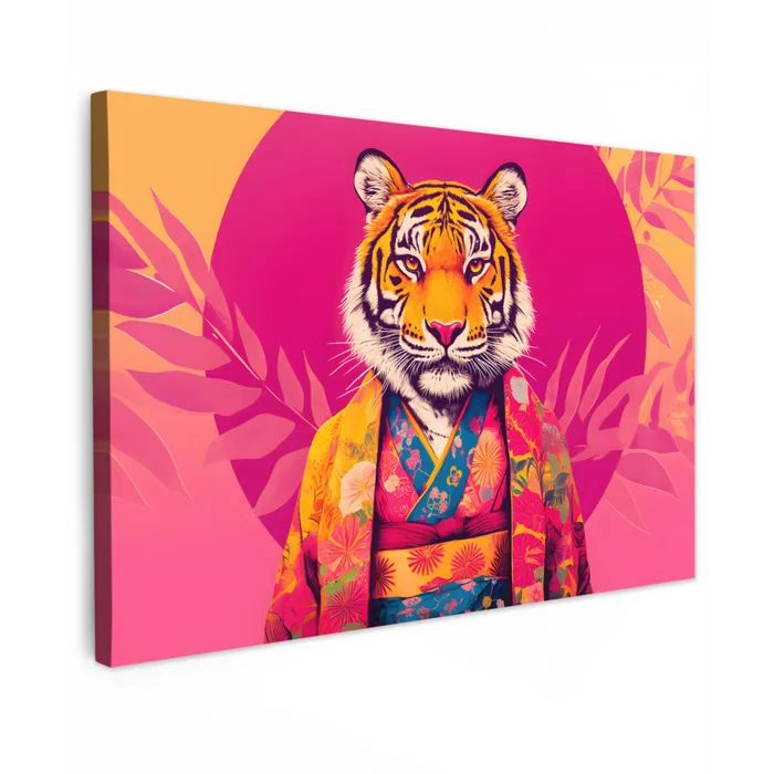 Tijger - Kimono - Planten - Roze Tuinposter op houten frame 2 cm dik klein -3d