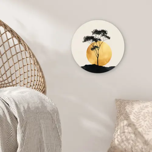 Zwarte boom - Gouden cirkel - Heuvel Wandcirkel kunststof plaat 5mm dik klein -sfeer5