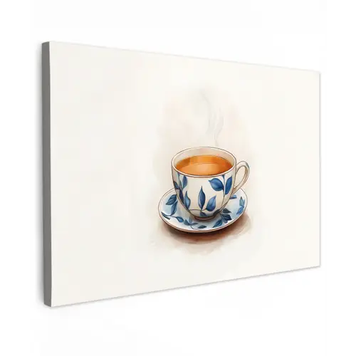 Theekop - Bladeren - Blauw Tuinposter op houten frame 2 cm dik klein -3d