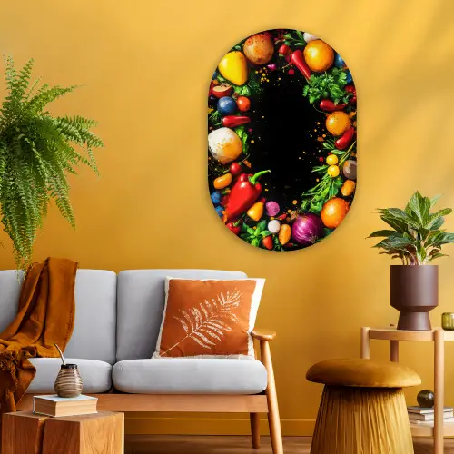 Groente - Graffiti - Kleurrijk - Koken - Abstract Wandcirkel Ovaal Glas middel -sfeer4