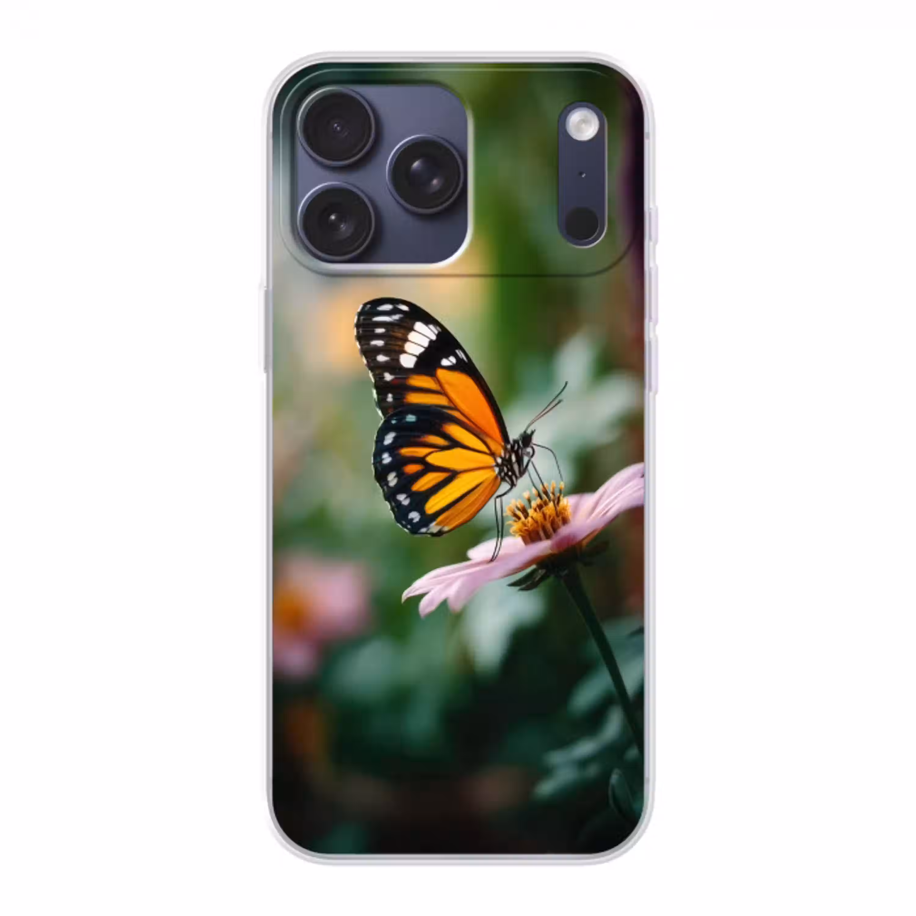 Roze bloemen - Vlinder - Zachte focus Telefoonhoesje iPhone 17 Pro Max klein -3d