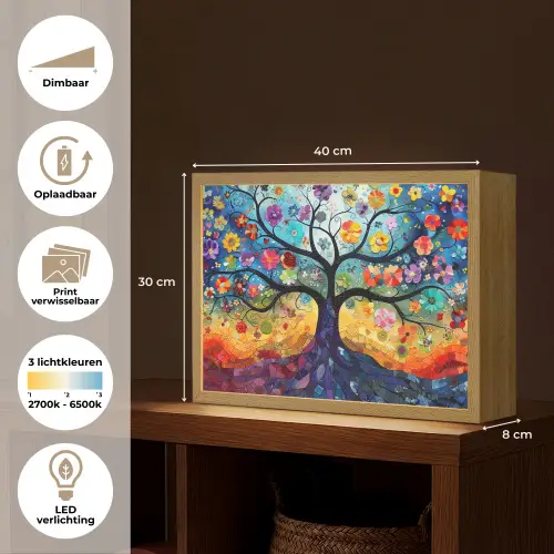 Boom - Kleurrijk - Bloemen - Kunst - Abstract Light Box met batterij (Wandlamp) middel -USP_websiteoverzichtNL