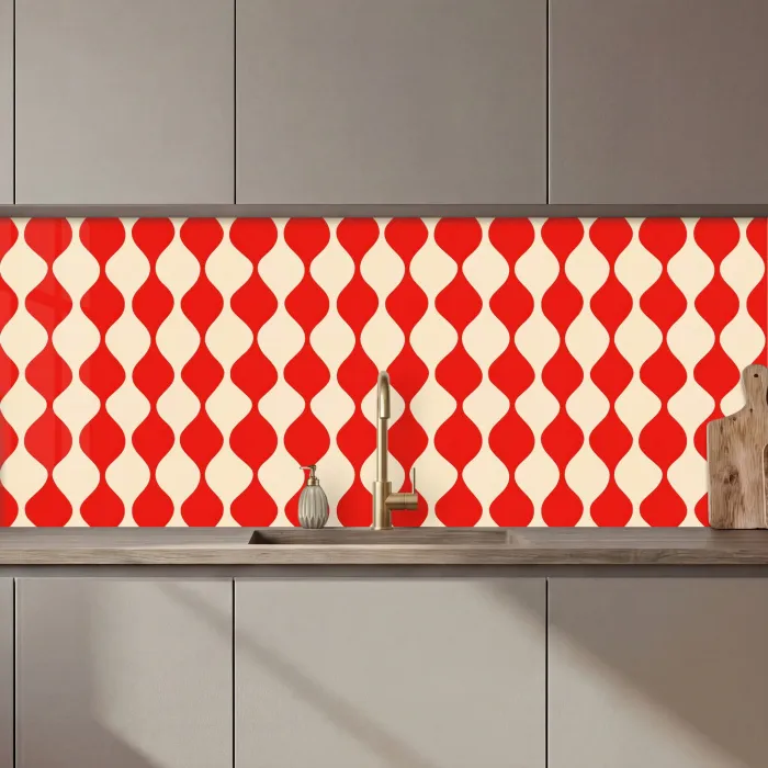 Golvend patroon - Retro - Rood - Beige keuken achterwand 2 middel 871 zz_3dshopping