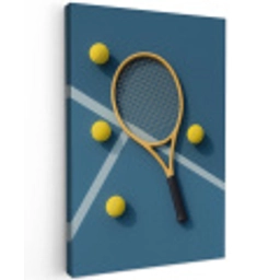 Tennisracket - Bal - Blauw - Veld Tuinposter op houten frame 2 cm dik middel -3d
