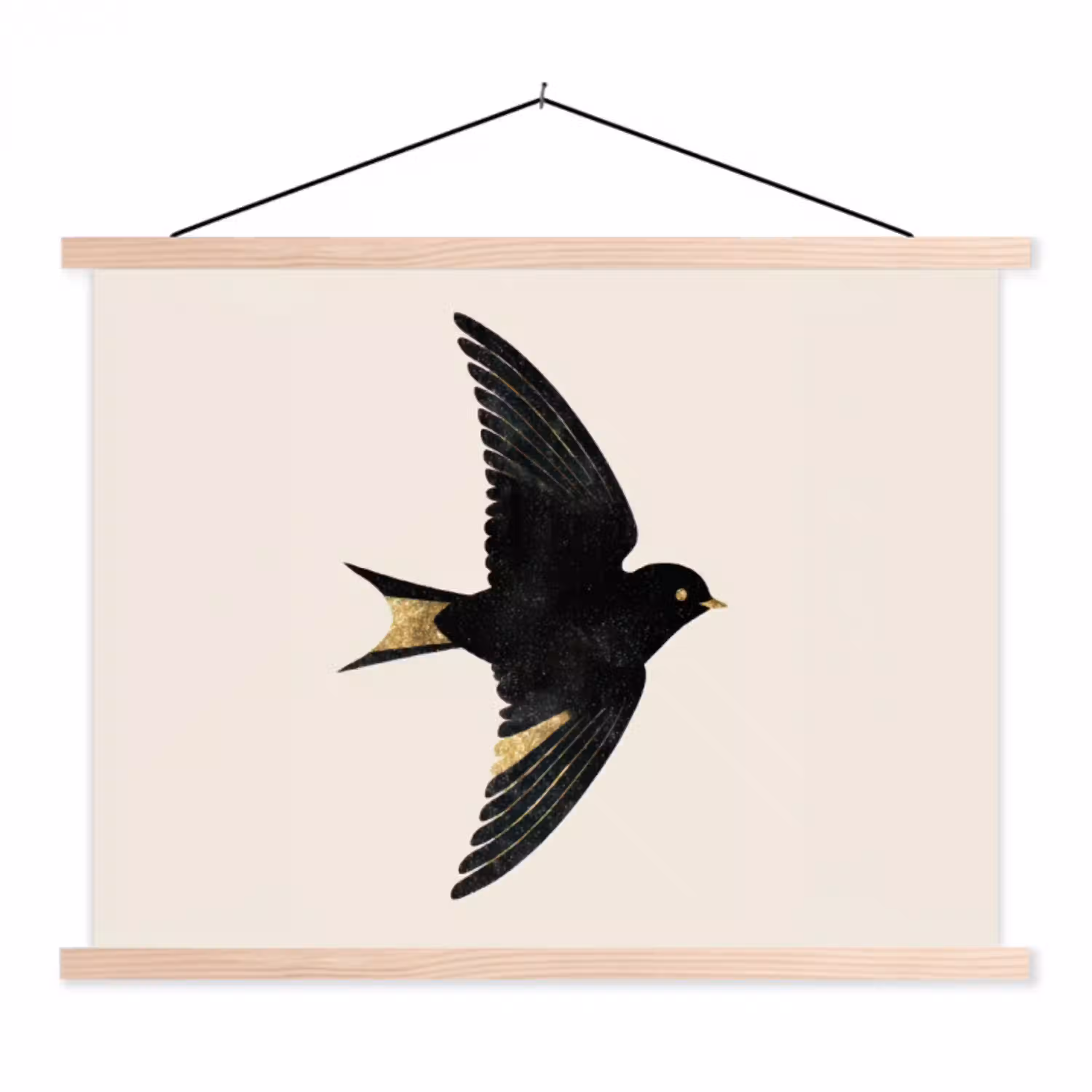 Zwarte zwaluw - Gouden accenten - Lichte achtergrond textielposter latten blank klein -3d