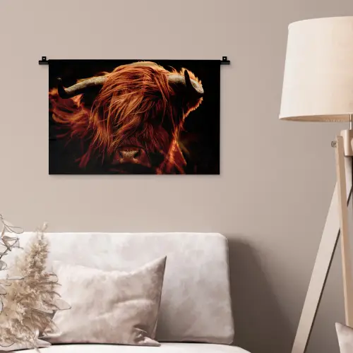 Schotse hooglander - Koe - Hoorns - Portret - Dieren Wandkleed katoen klein -sfeer4