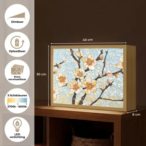 Bloesems - Wit - Mozaïek - Tak Light Box met batterij (Wandlamp) middel -USP_websiteoverzichtNL