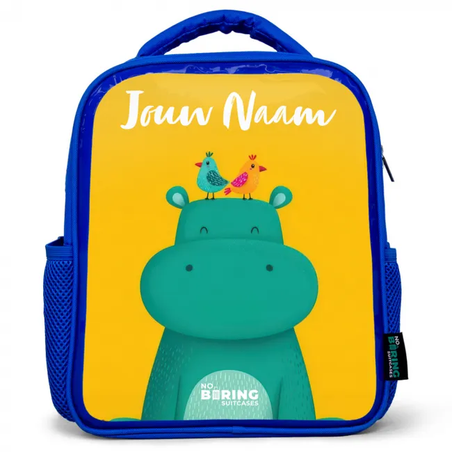 Rugzak kind met naam - Blauw Nijlpaard - Vogels - Geel