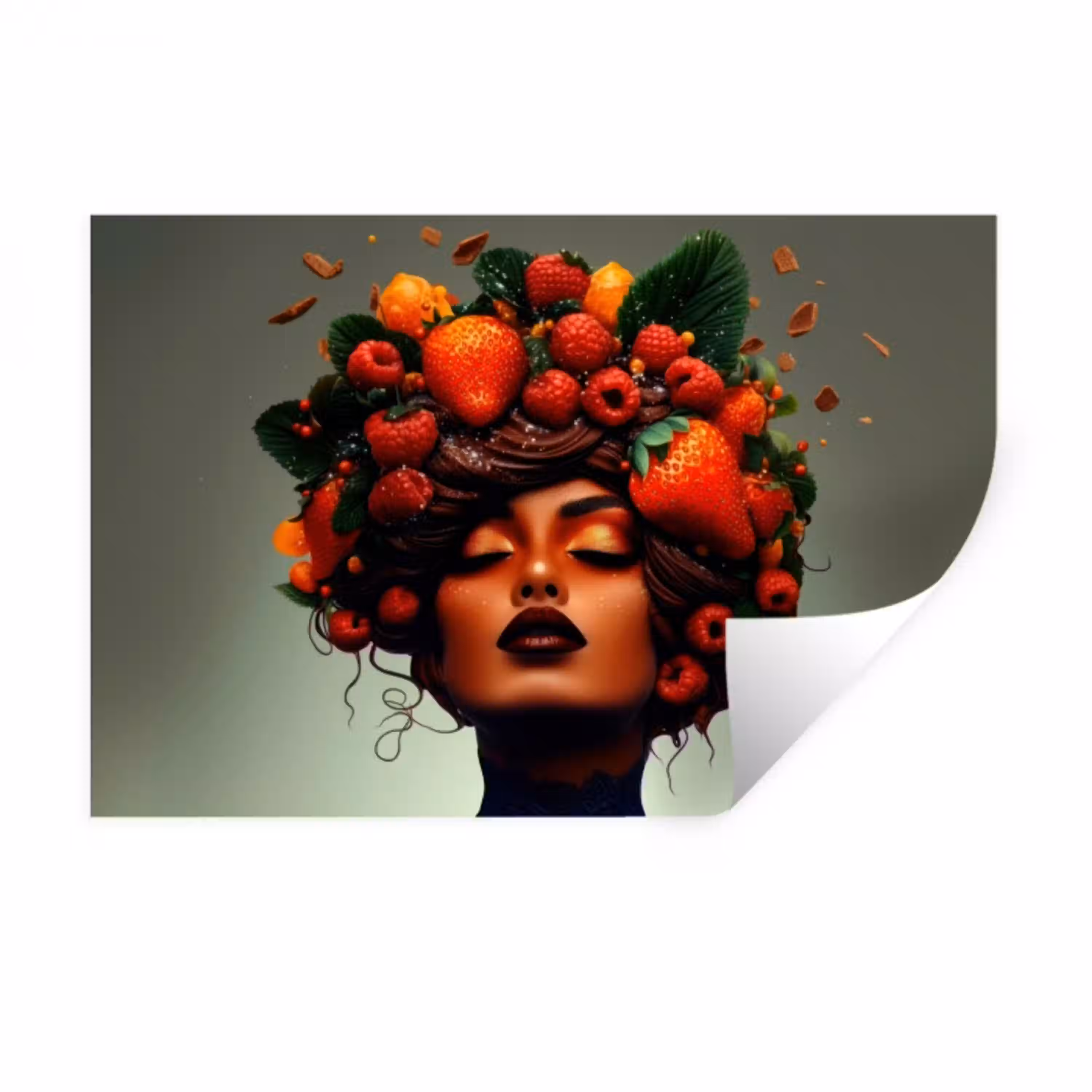 Vrouw - Chocolade - Frambozen - Aardbeien - Koekjes Muursticker klein -3d