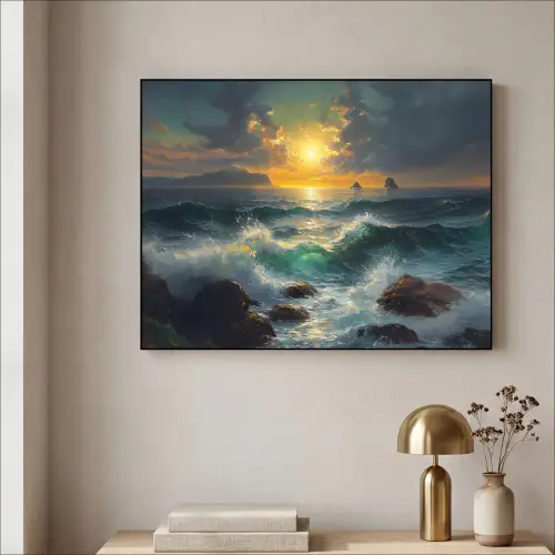 Zee - Zon - Golven - Rotsen Textielframe zwart klein -sfeer2