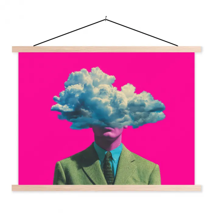 Man - Pak - Wolk - Roze textielposter latten blank klein -3d