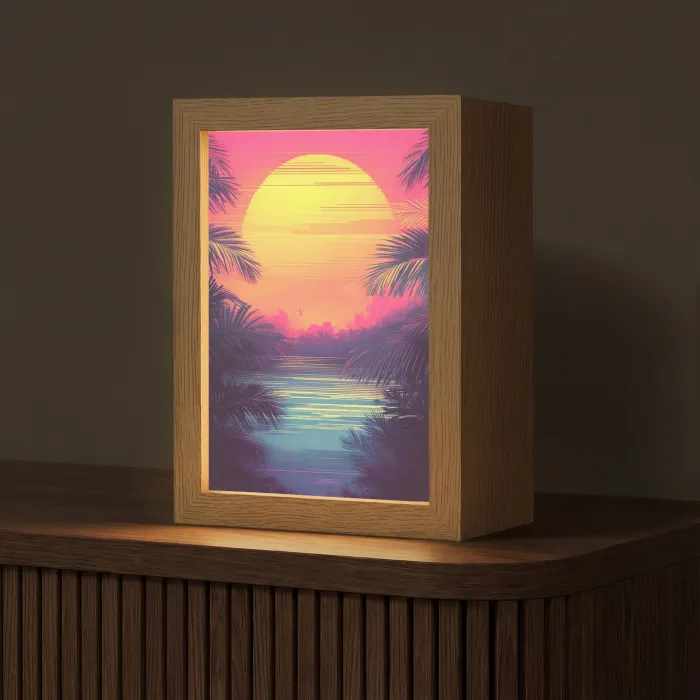 Zon - Geel - Palmbomen - Tropisch Light Box met kabel (Tafellamp) klein -z3d_website