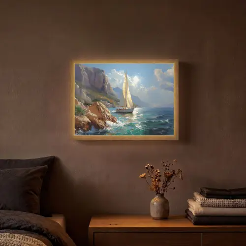 Zeilschip - Zee - Rotsen - Wolken Light Box met batterij (Wandlamp) middel -sfeer4