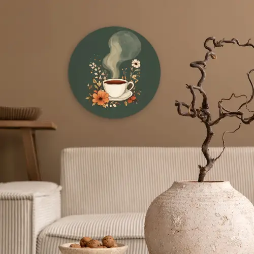 Kop - Bloemen - Groen - Koffie Wandcirkel kunststof plaat 5mm dik klein -sfeer1