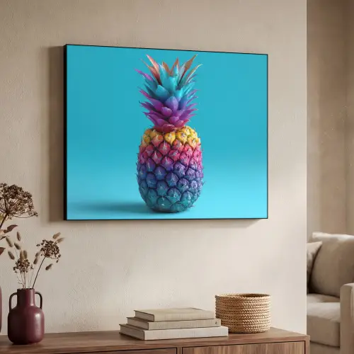 Ananas - Regenboog - Blauw - Popart Textielframe zwart klein -sfeer3
