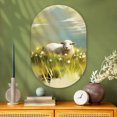Schaap - Weide - Groen Wandcirkel Ovaal Glas middel -sfeer2