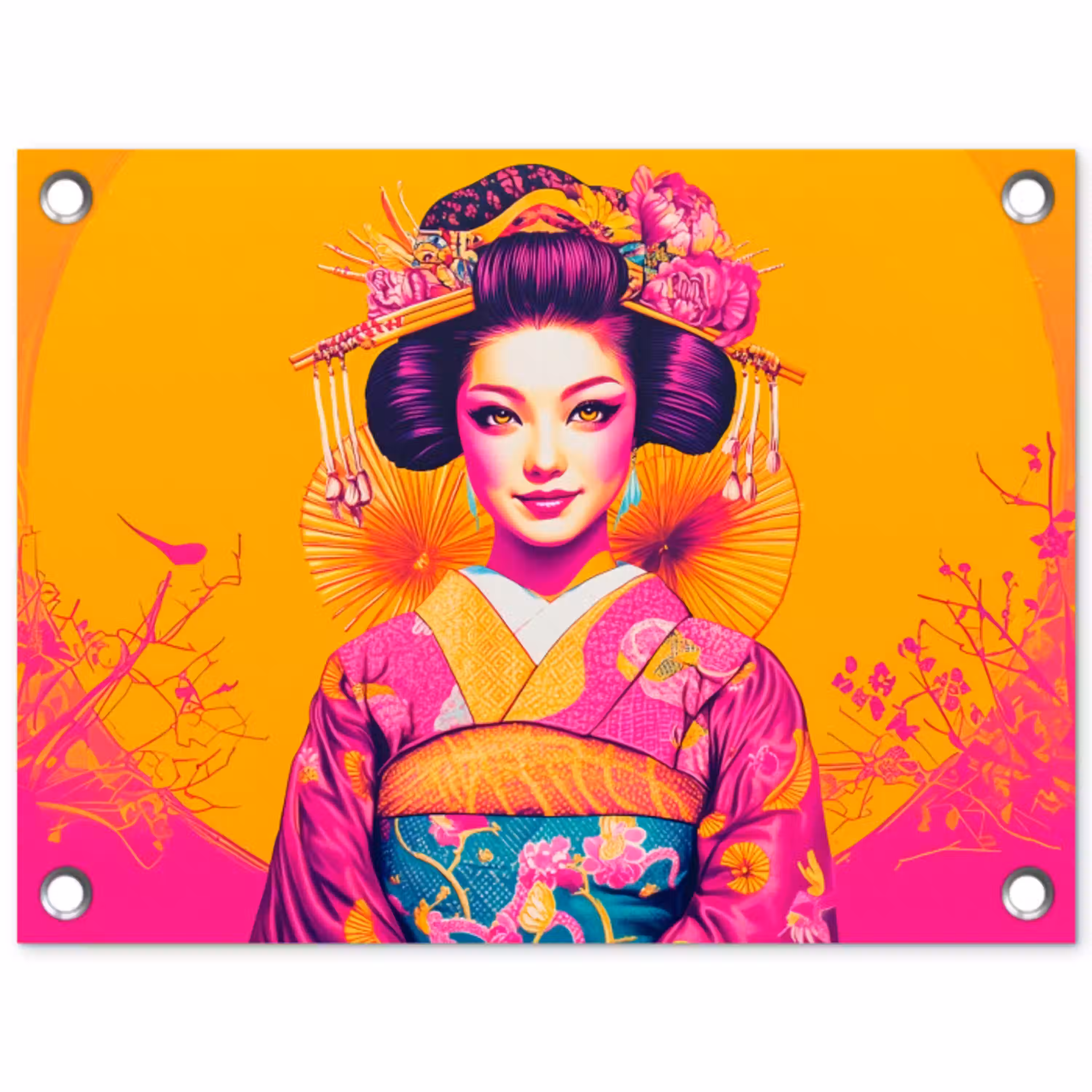 Bloemen - Vrouw - Kimono - Roze tuinposter los doek klein -3d