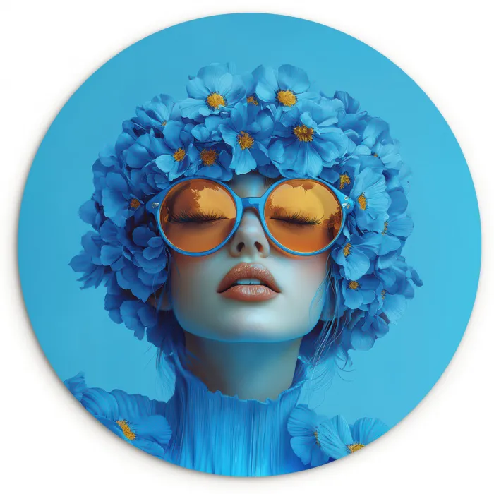 Vrouw - Bloem - Blauw - Modern - Bril - Portret Wandcirkel plexiglas klein -3d