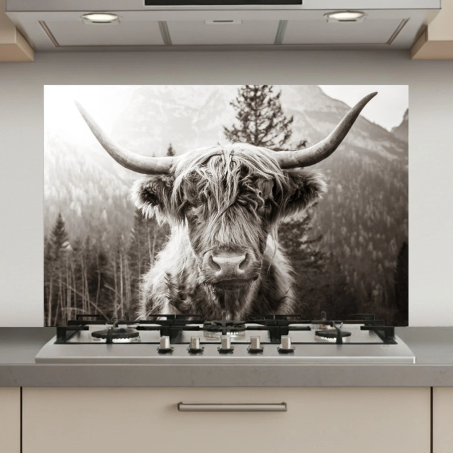 Schotse hooglander - Koe - Dieren - Zwart - Wit keuken achterwand spatscherm klein -3d_website