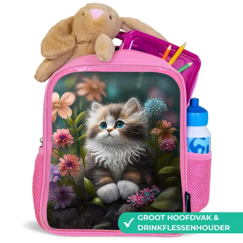 Kitten - Illustratie - Bloemen - Natuur - Kat Kinderrugzak - Roze middel -inhoud_NL